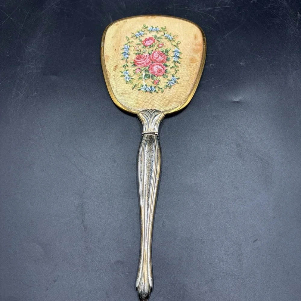 Vintage Art Deco Handheld Vanity Mirror Metal Frame Gold & Silver Victorian Rose